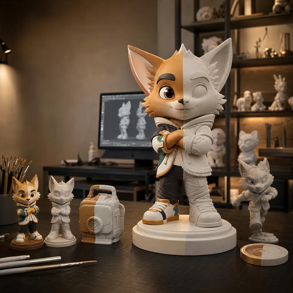 Mascotte de marque transformée en sculpture 3D physique pour une entreprise