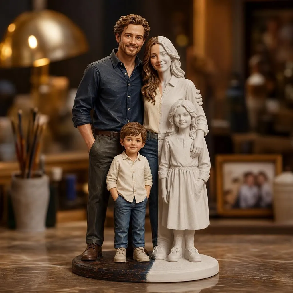 Figurine de famille personnalisée réunissant parents et enfants dans une composition 3D sur socle