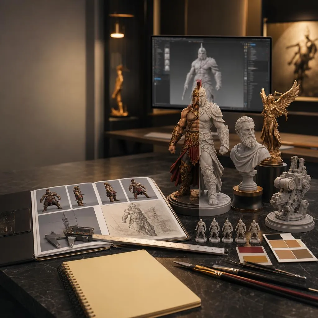 Atelier de conception 3D présentant une sculpture, un prototype, une figurine peinte et une petite série en résine