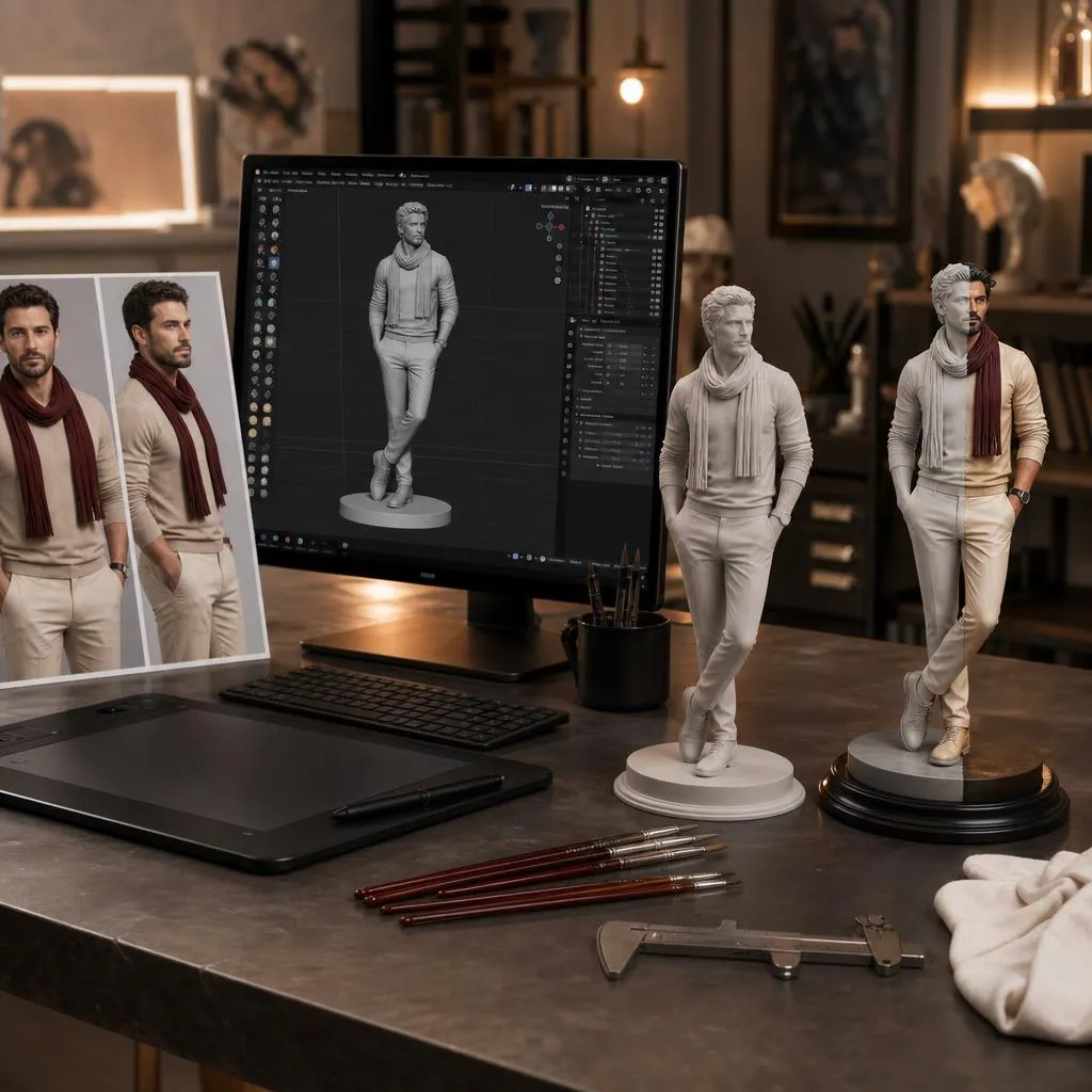 Références visuelles, modélisation sous Blender, impression en résine et figurine terminée présentées comme les étapes d’un projet 3D sur mesure