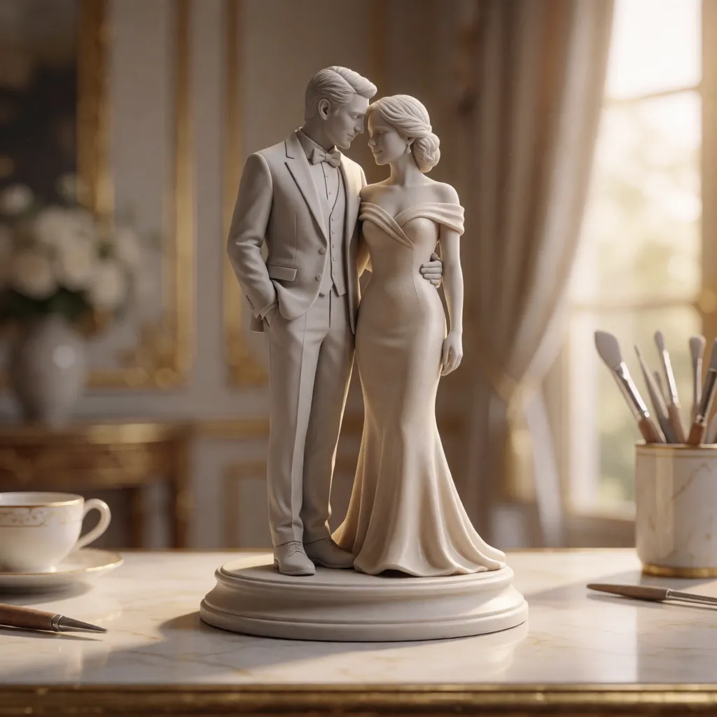 Figurine de couple personnalisée représentant deux personnes dans une composition 3D peinte sur socle