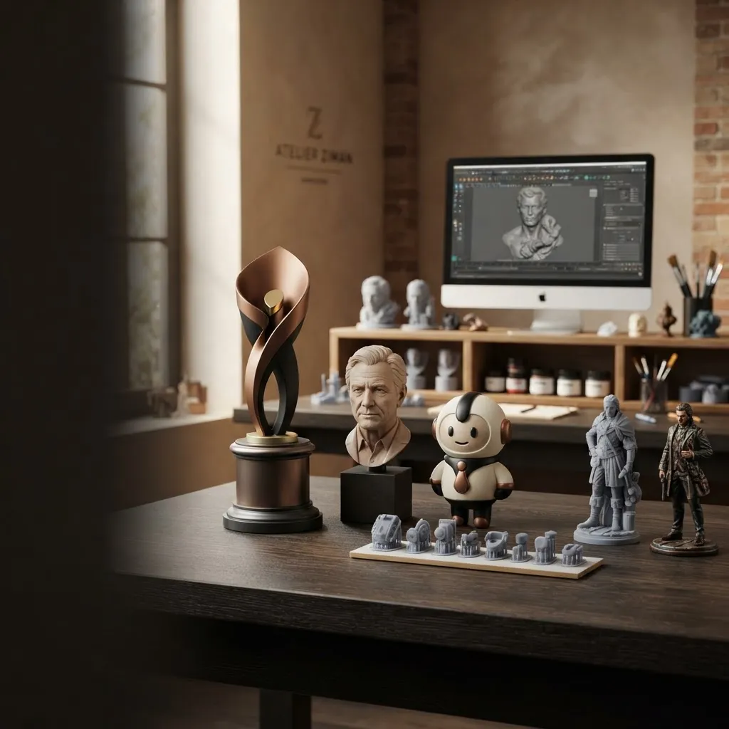 Atelier professionnel présentant une mascotte, un trophée et des pièces en résine issus de projets de modélisation 3D sur mesure