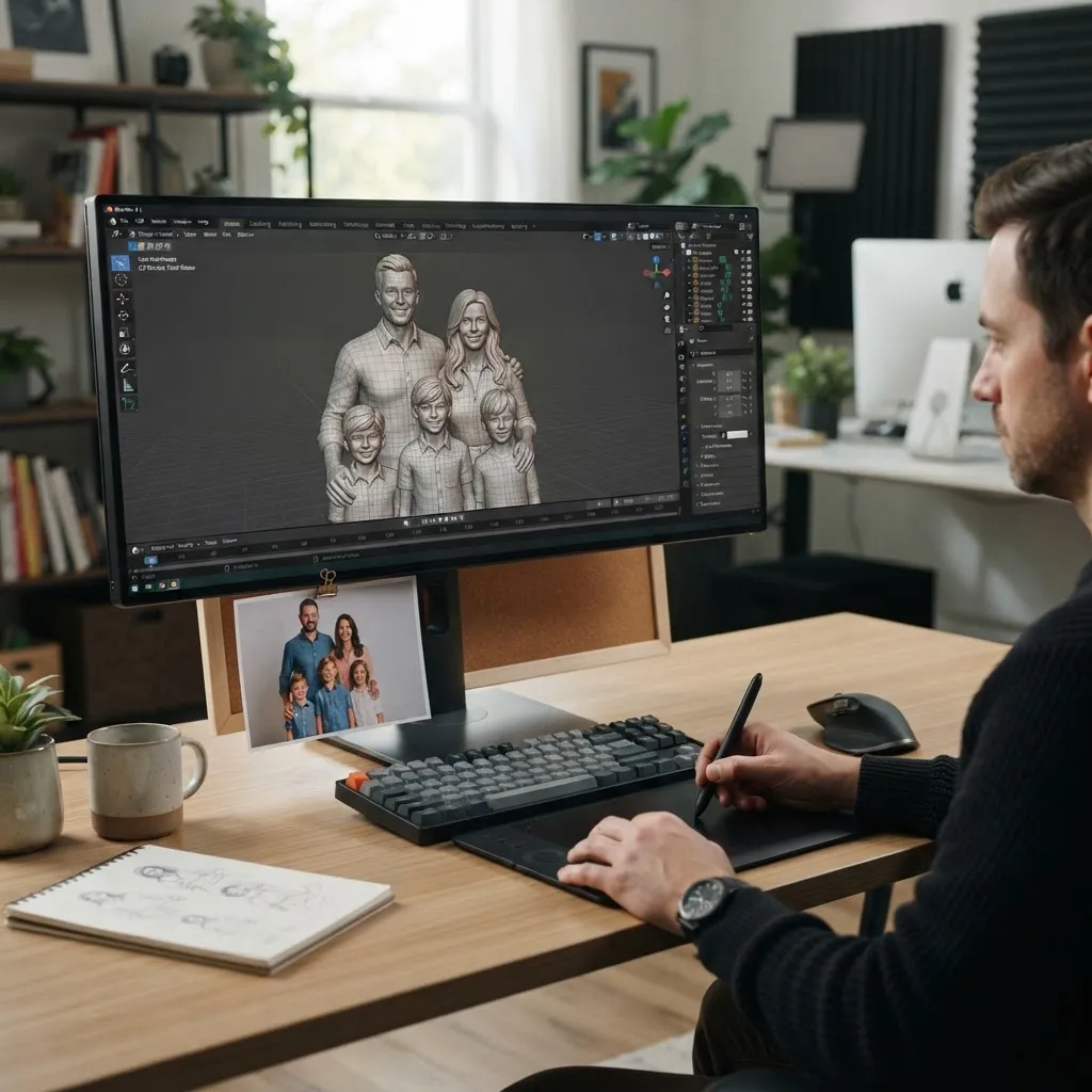 Modélisation 3D d’une famille avec adultes, enfants et composition commune