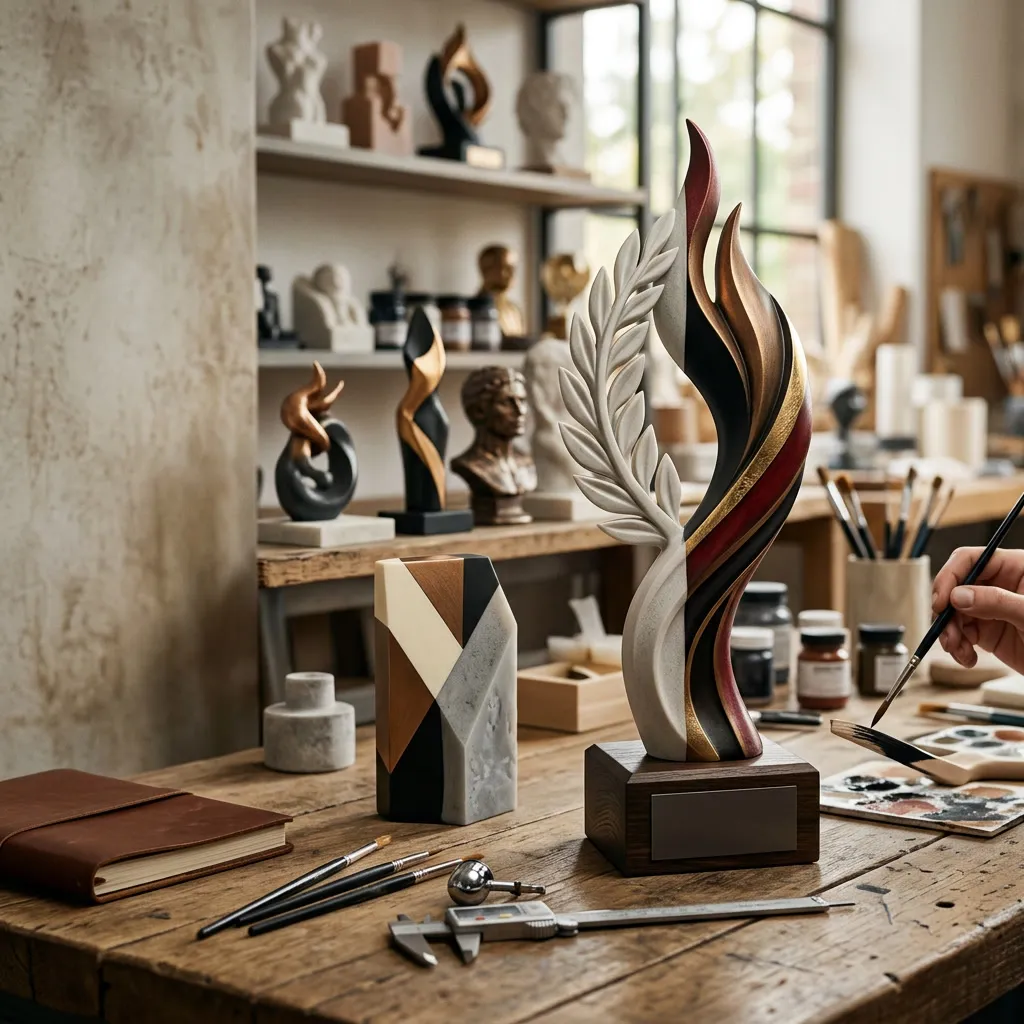 Trophée artistique personnalisé présenté dans un atelier de modélisation et de fabrication 3D