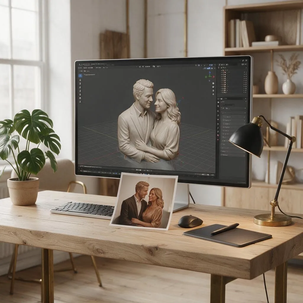 Modélisation 3D de deux personnages réunis dans une pose de couple