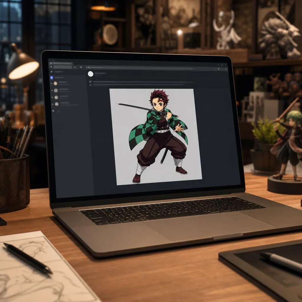 Illustration d’un personnage manga affichée sur un ordinateur portable comme référence pour une future modélisation 3D