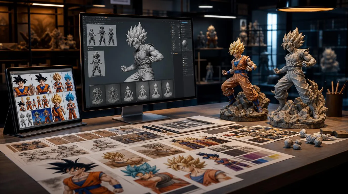 Comparaison entre les références visuelles, le modèle 3D et différentes finitions de figurine