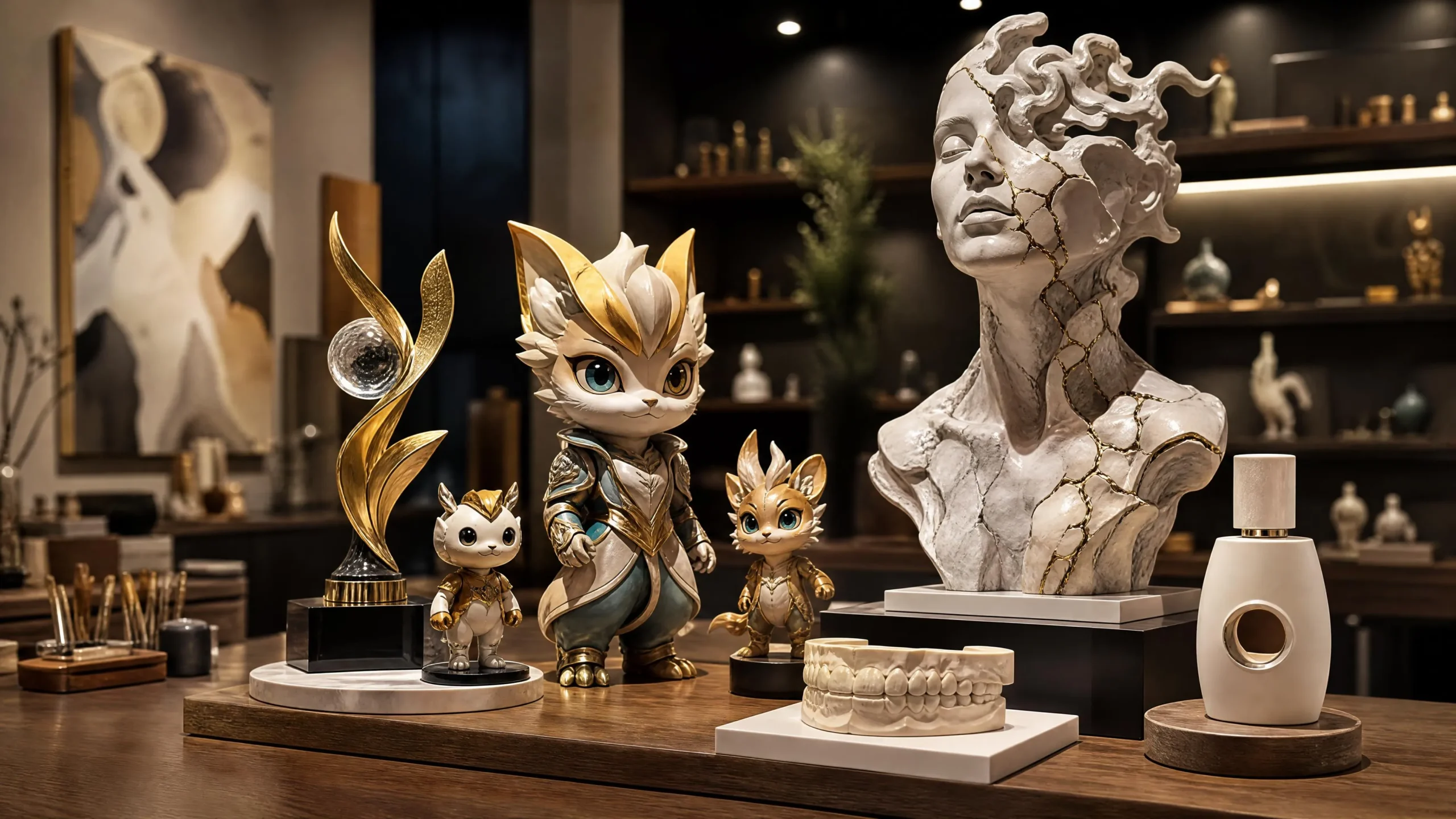Atelier de création 3D présentant une sculpture artistique, des figurines stylisées, un trophée et un prototype sur mesure