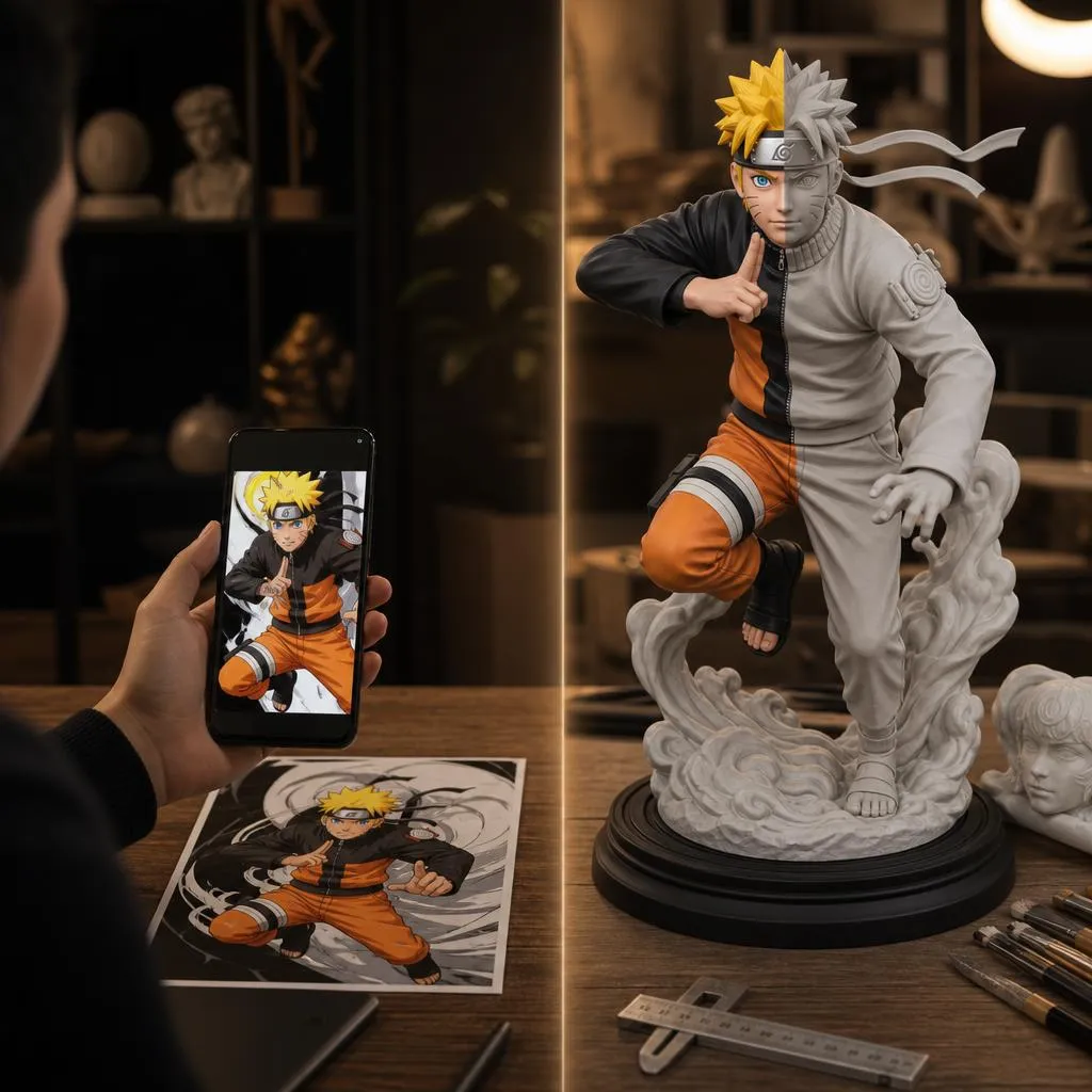 Référence de personnage transformée en modèle 3D puis en figurine physique avec comparaison entre résine brute et finition peinte