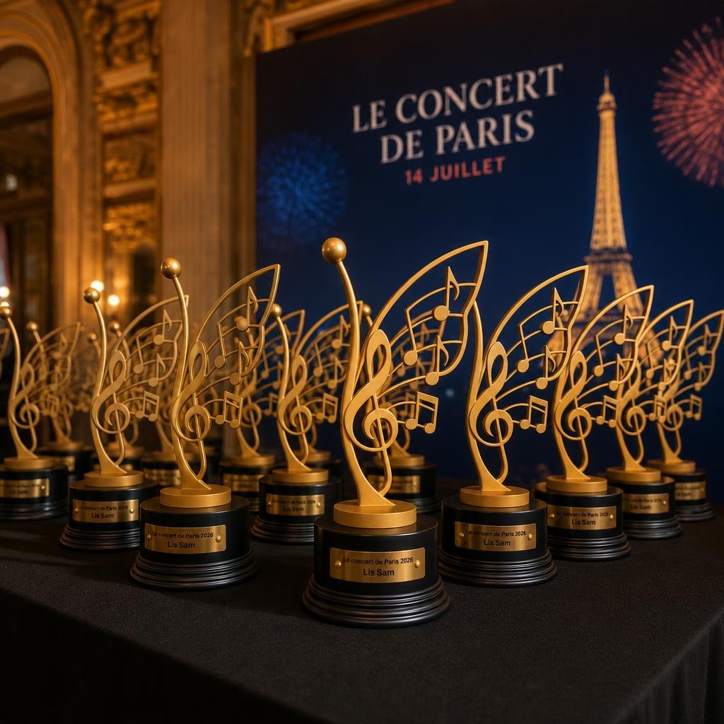 Série de trophées musicaux personnalisés fabriqués pour l’artiste contemporain Lis Sam à Paris