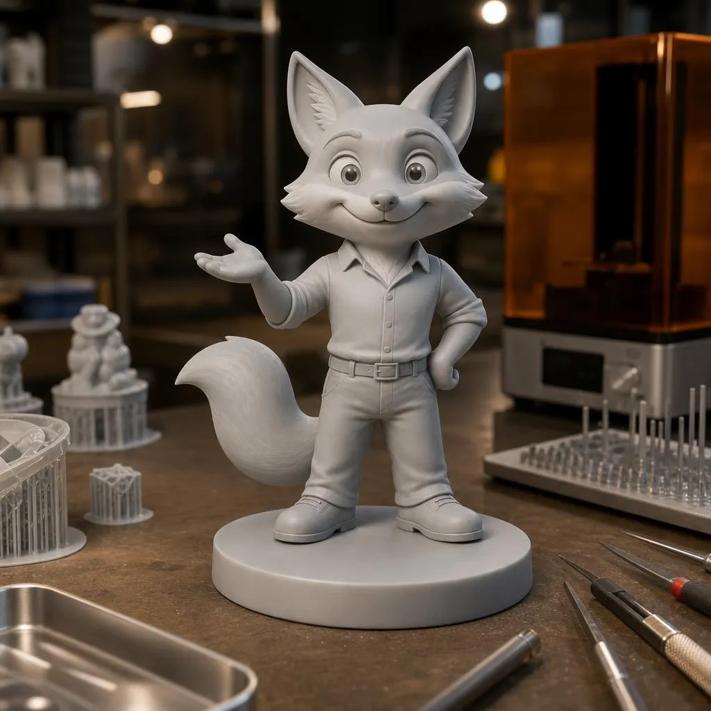 Mascotte renard imprimée en 3D avant peinture, posée sur son socle dans l’atelier