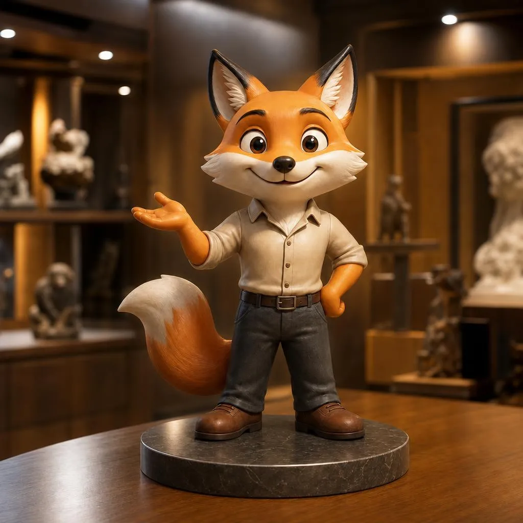 Mascotte renard de 70 centimètres terminée, imprimée en 3D et peinte pour une entreprise à Paris