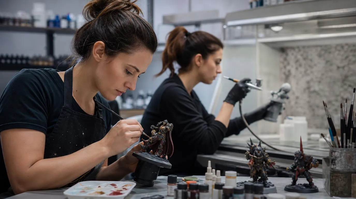 Artistes appliquant à la main les couleurs et détails sur des figurines dans un espace de peinture