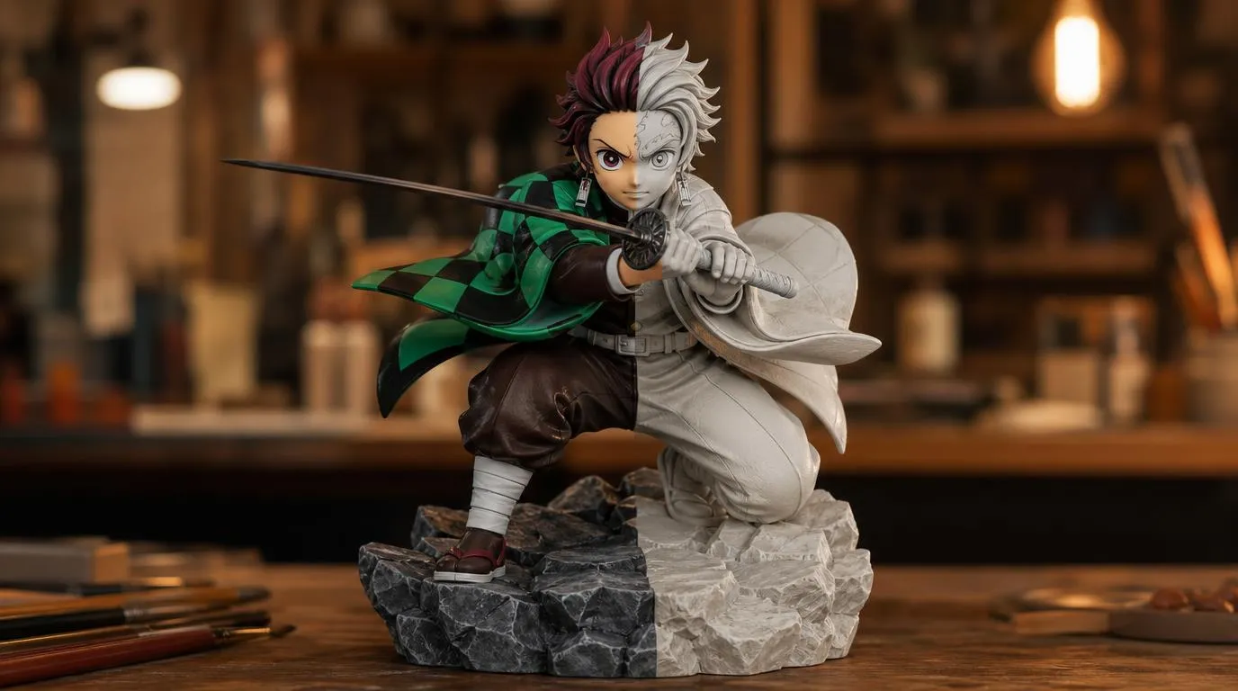 Figurine physique d’un personnage de style manga, moitié peinte et moitié en résine brute, présentée dans un atelier de modélisation 3D
