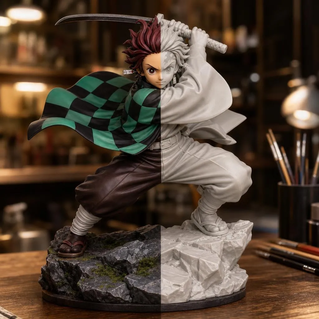 Figurine de personnage manga en pose dynamique, présentée moitié peinte et moitié en résine brute pour comparer les finitions