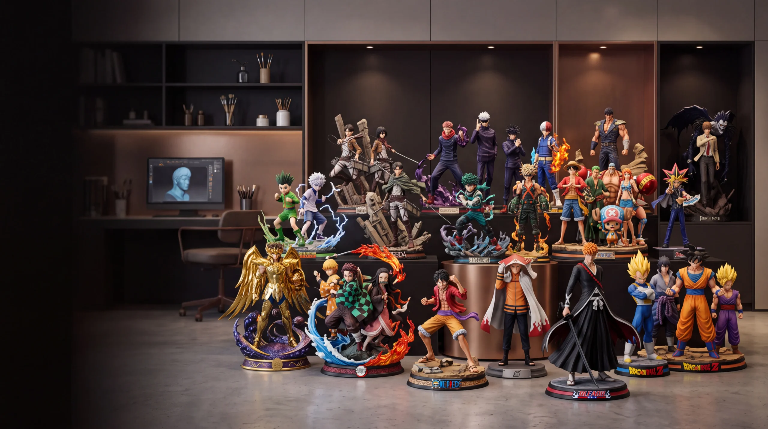 Collection de figurines de personnages manga, anime et jeux vidéo exposées dans un atelier de modélisation 3D