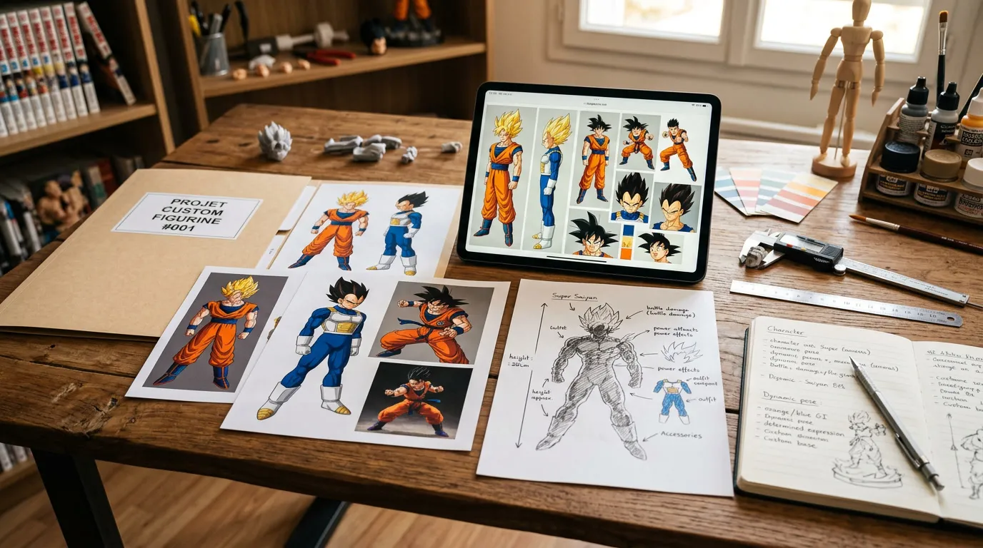 Dossier de projet regroupant plusieurs vues, une pose, des dimensions et des notes pour créer une figurine personnalisée