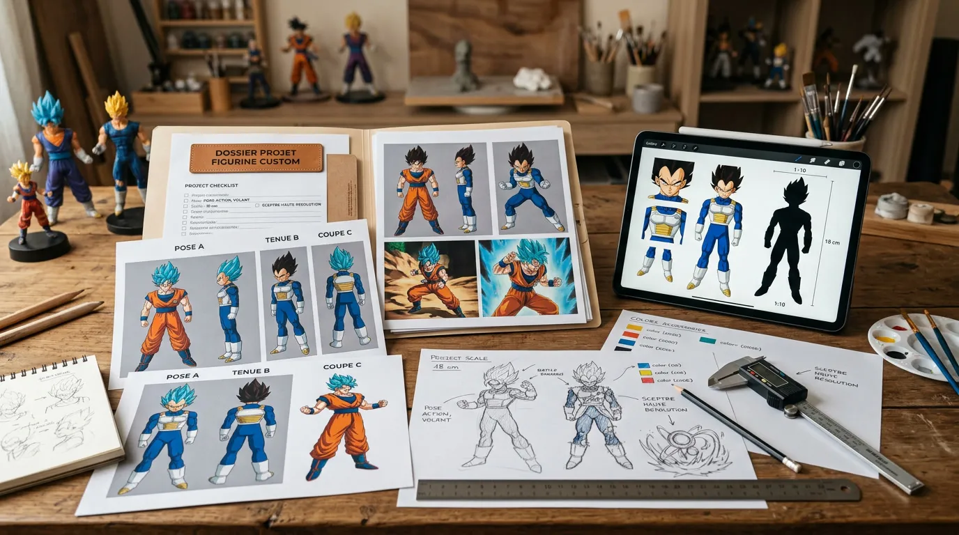 Dossier de références comprenant plusieurs vues, poses, dimensions et indications pour préparer une figurine 3D sur mesure