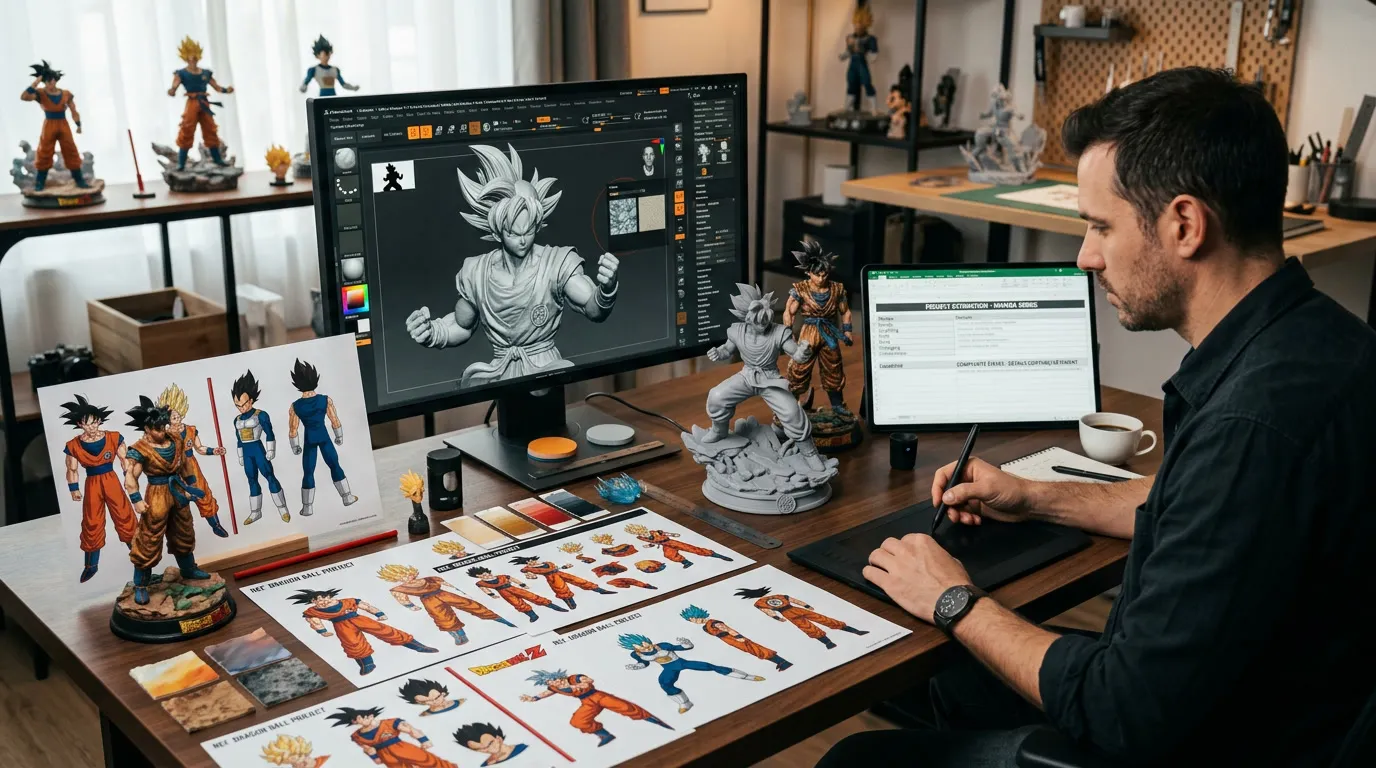 Modélisateur étudiant les références et les contraintes d’un personnage avant la préparation du modèle 3D