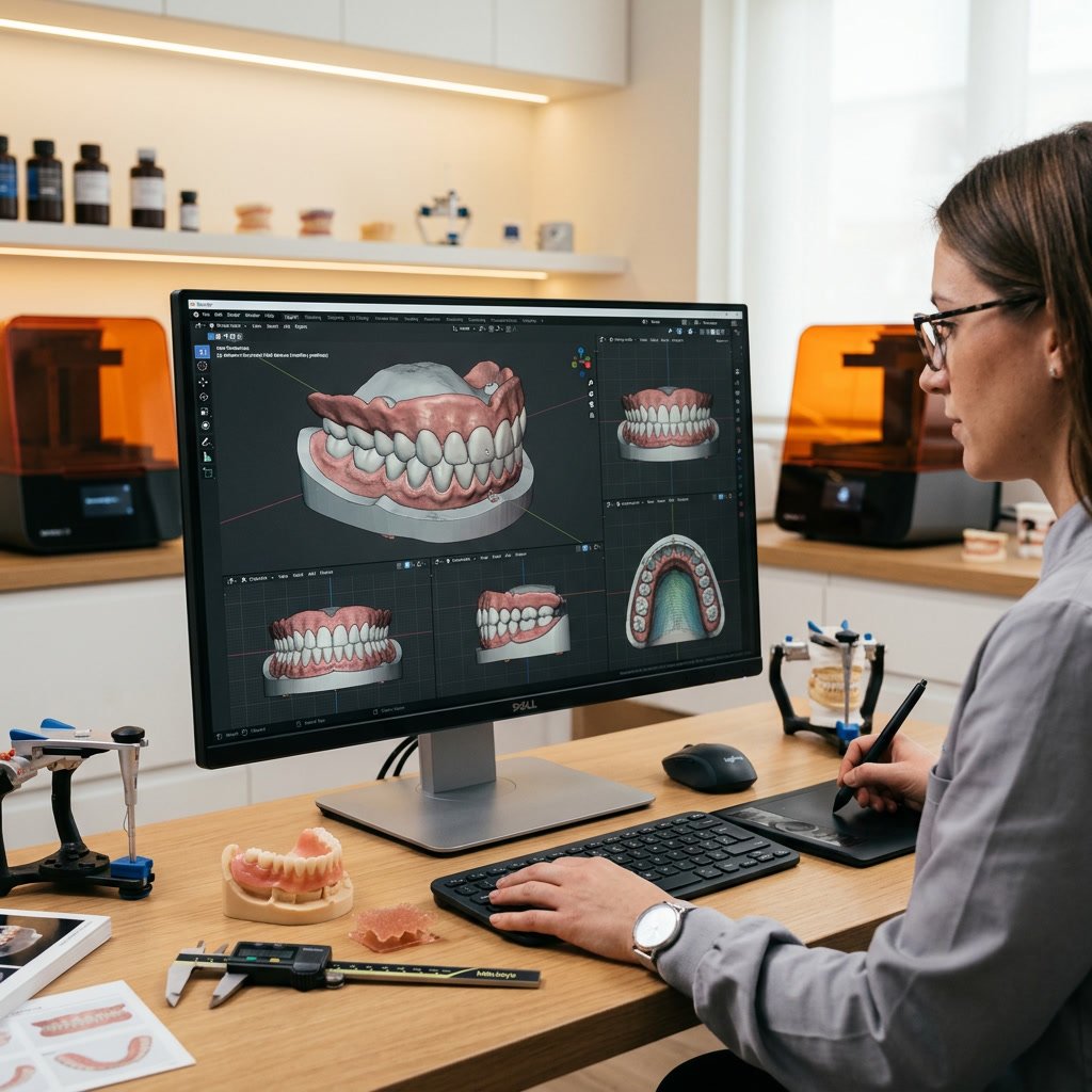 Conception numérique de prothèses et couronnes dentaires sur un poste de modélisation 3D pour un orthodontiste