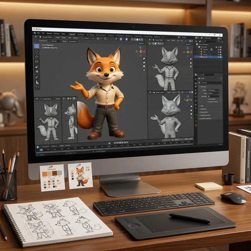 Mascotte renard en cours de modélisation 3D dans Blender avec dessins de référence et vues techniques