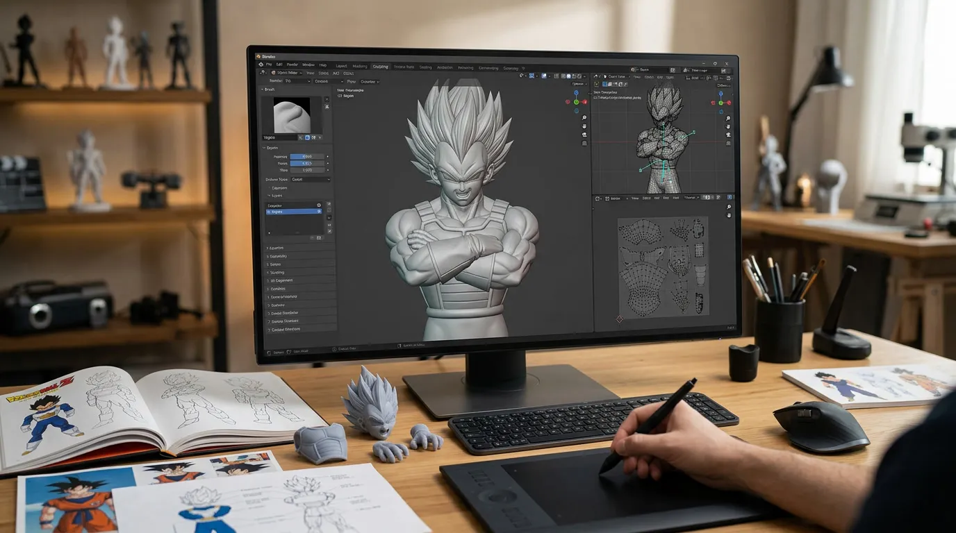 Personnage en cours de sculpture et de préparation technique dans Blender pour une future impression en résine