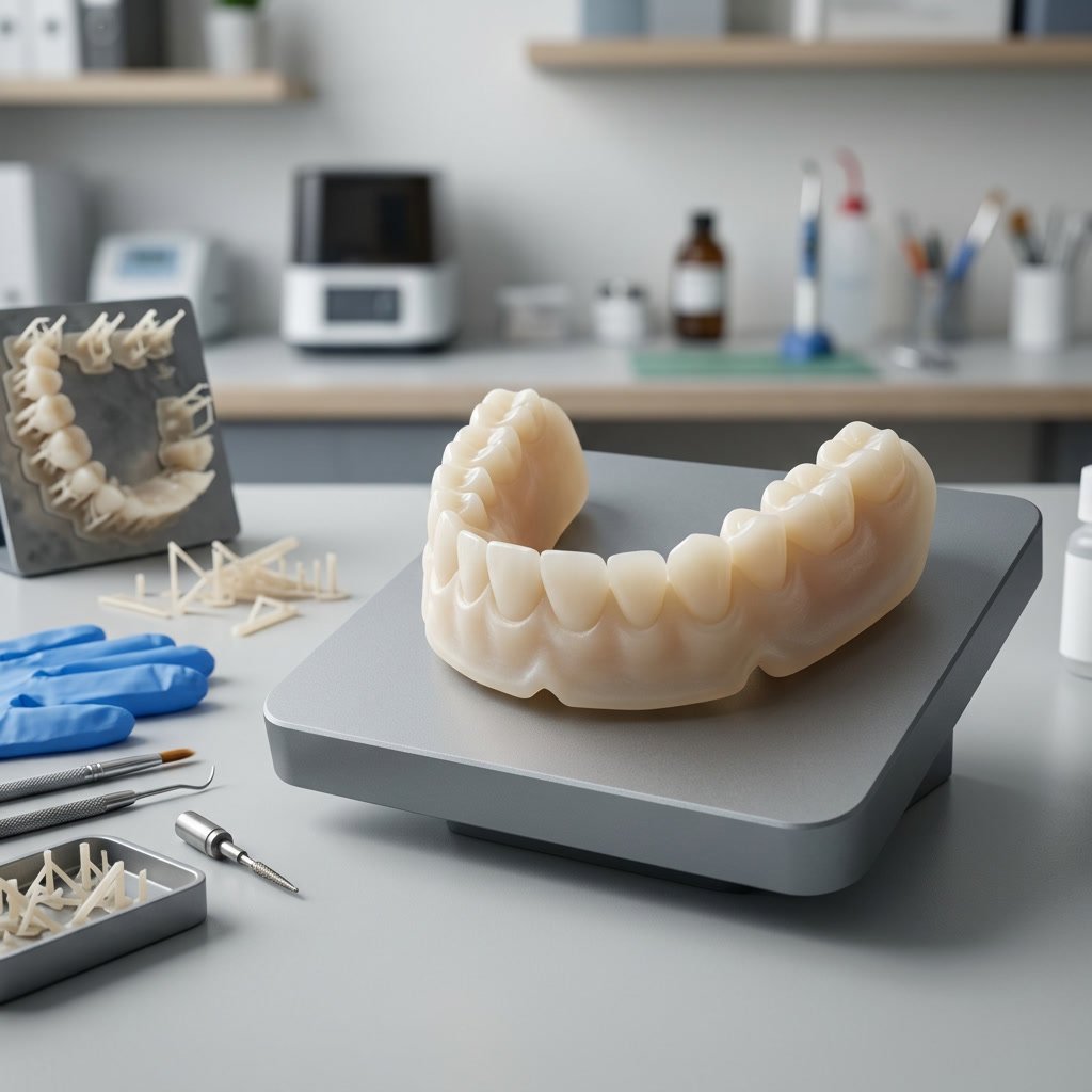 Prothèse dentaire imprimée en 3D présentée dans un environnement de travail professionnel