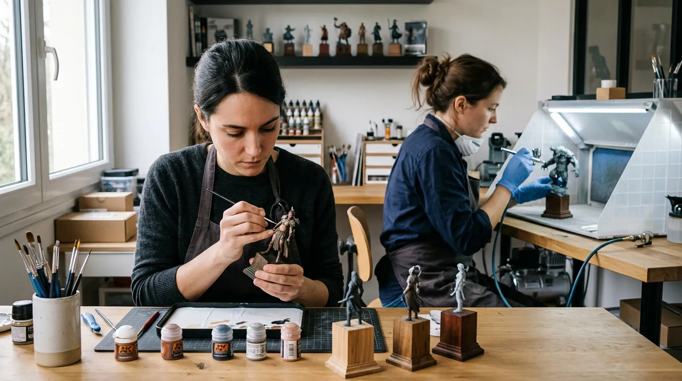 Espace de peinture et de finition de figurines avec artistes au travail dans un atelier de création 3D