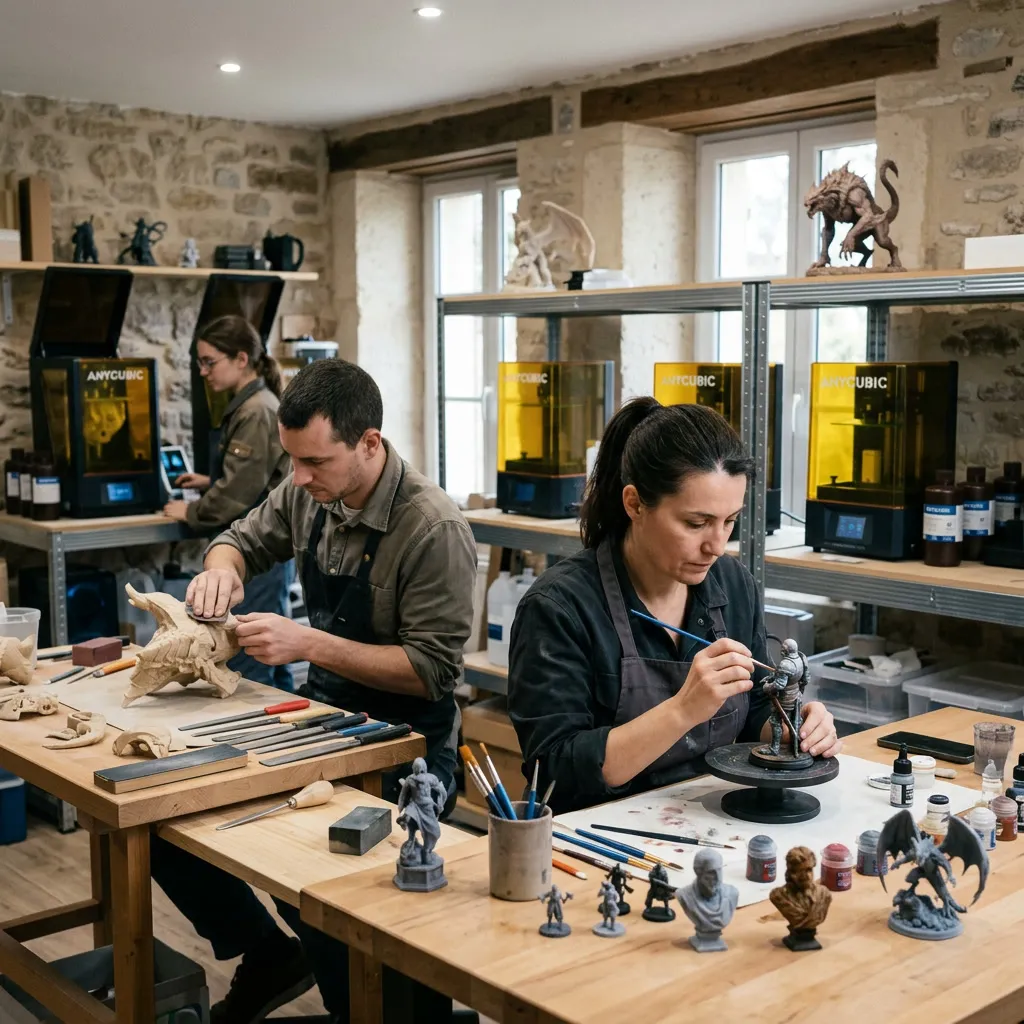 Préparation, assemblage et peinture de figurines dans un atelier équipé d’imprimantes résine