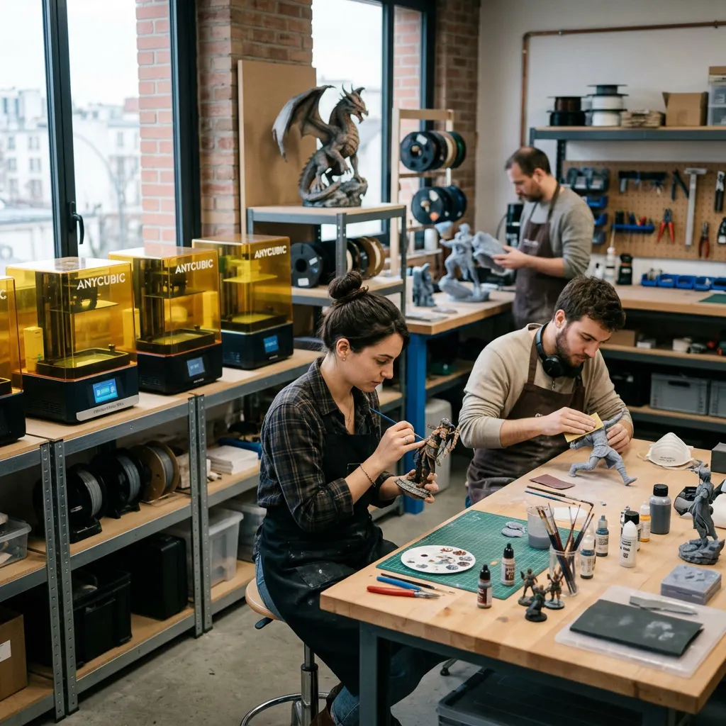Atelier de fabrication de figurines avec imprimantes résine Anycubic, préparation et finition des pièces