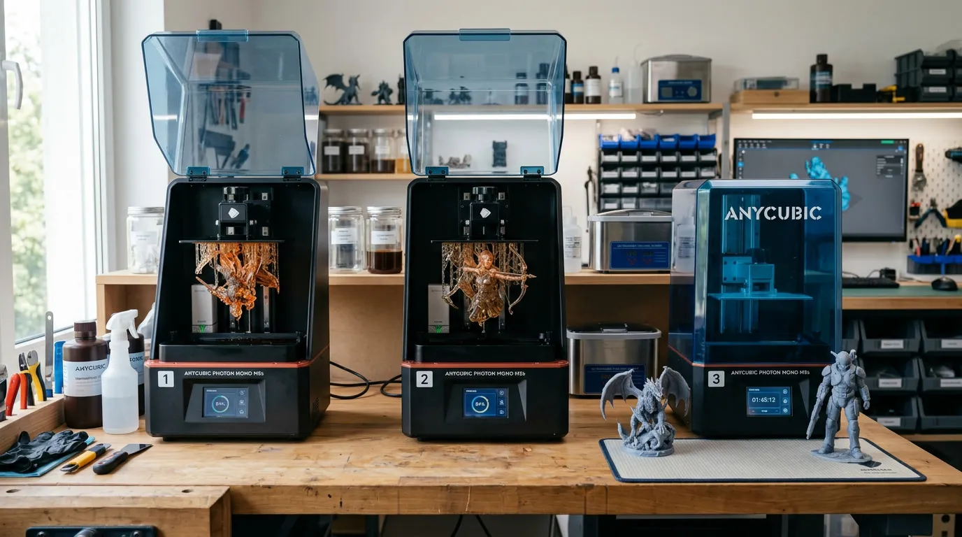 Parc d’imprimantes 3D résine Anycubic utilisé pour fabriquer des figurines détaillées
