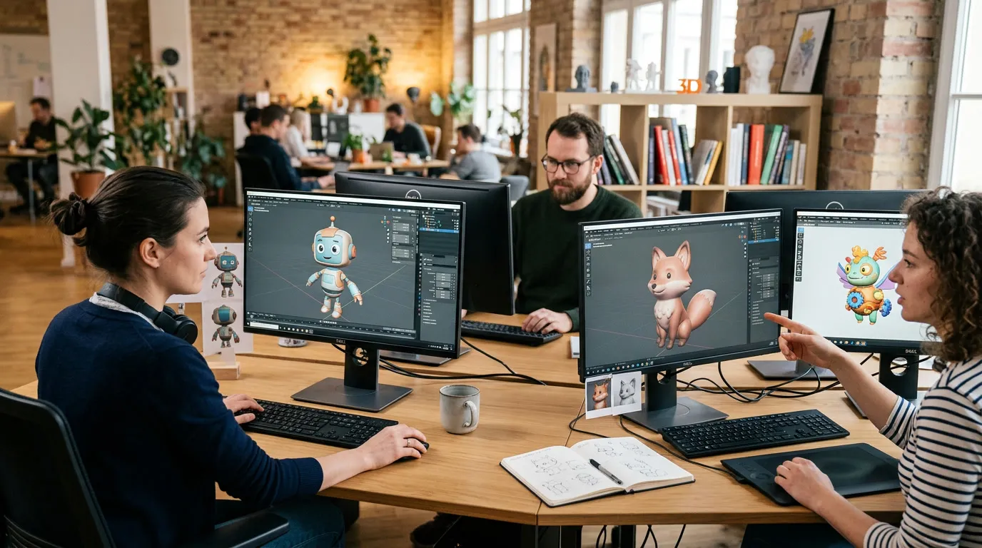 Studio de modélisation 3D avec plusieurs postes de travail affichant des personnages stylisés dans Blender