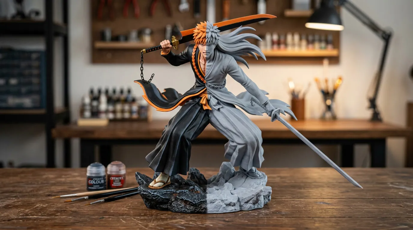 Figurine physique d’un personnage manga en pose dynamique, moitié peinte et moitié en résine grise dans un atelier de modélisation 3D