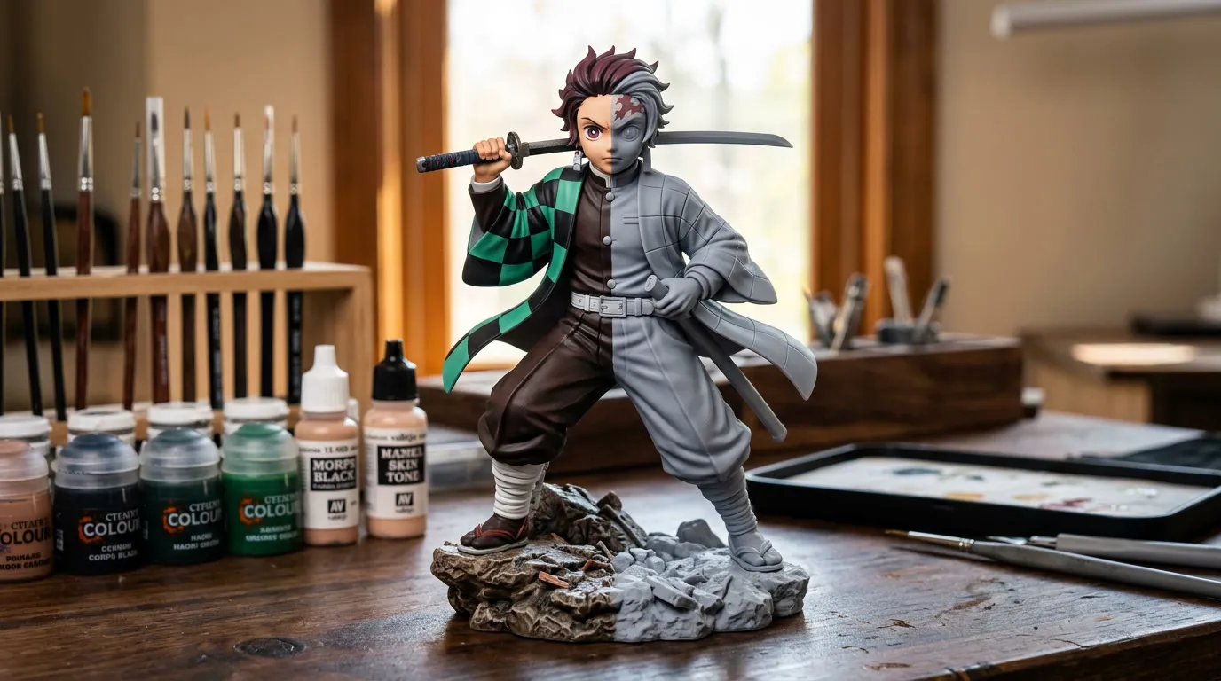Figurine physique d’un personnage stylisé présentée dans un atelier de création 3D, avec comparaison entre résine brute et finition peinte