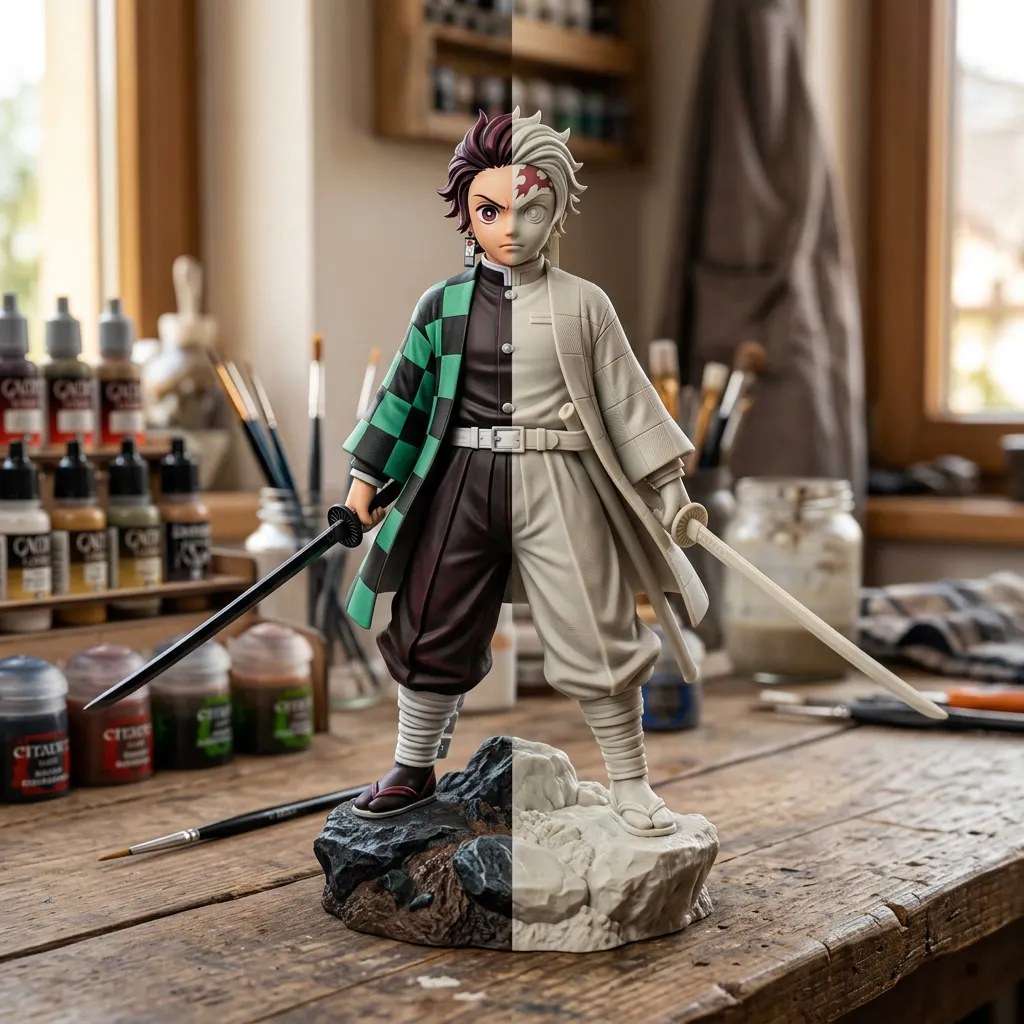 Figurine physique d’un personnage stylisé sur socle, moitié peinte et moitié non peinte dans un atelier d’artiste
