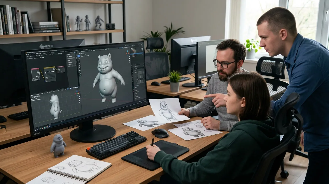 Équipe étudiant des dessins et un personnage en cours de modélisation 3D dans Blender